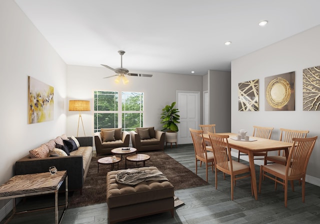 living area featuring ceiling fan, wood finished floors, and recessed lighting