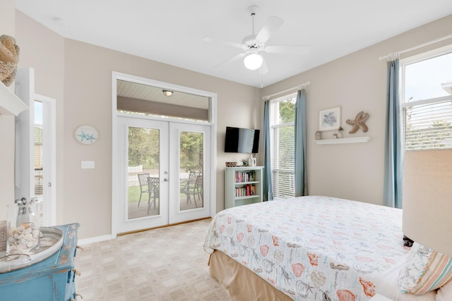 bedroom featuring baseboards, a ceiling fan, light colored carpet, access to outside, and french doors