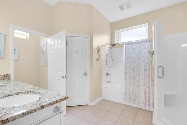 full bath featuring tile patterned flooring, vanity, visible vents, and shower / tub combo with curtain