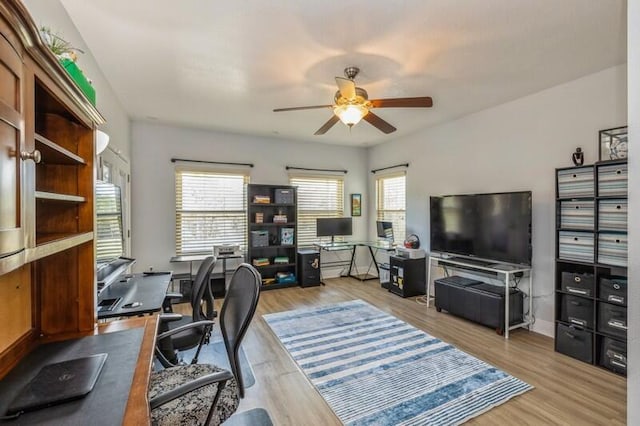 office area featuring a ceiling fan and wood finished floors