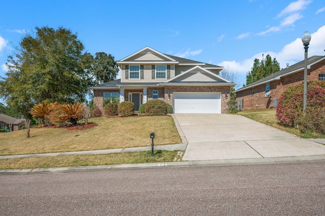 traditional-style house with a garage, brick siding, concrete driveway, and a front lawn