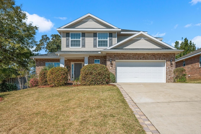 traditional-style house featuring fence, concrete driveway, a front yard, a garage, and brick siding