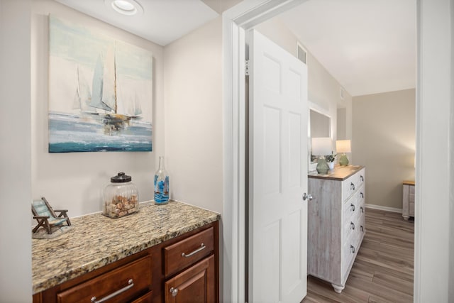 interior space featuring vanity, wood finished floors, visible vents, and baseboards