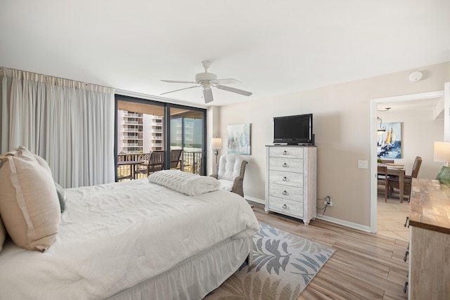 bedroom with ceiling fan, baseboards, light wood-style floors, and access to exterior