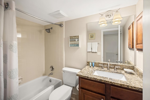 bathroom featuring visible vents, shower / bath combination with curtain, toilet, and vanity