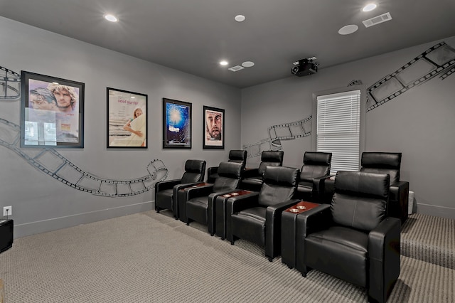 cinema room with recessed lighting, visible vents, baseboards, and carpet flooring