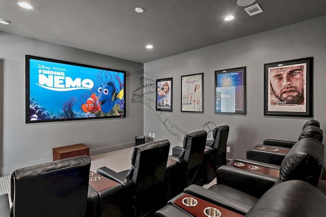 carpeted home theater room with visible vents, recessed lighting, and baseboards