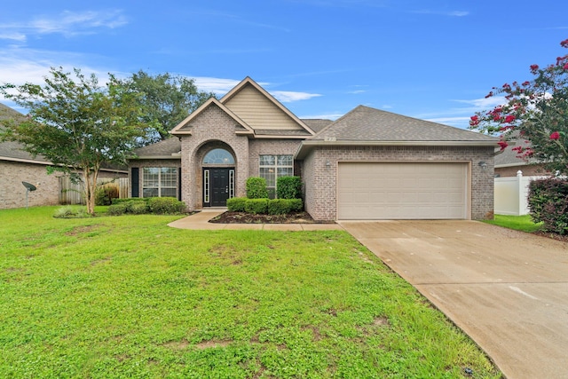 view of front of home with brick siding, fence, concrete driveway, a front yard, and a garage