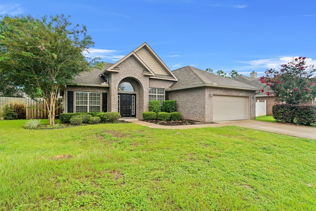 view of front of home featuring brick siding, an attached garage, fence, a front yard, and driveway