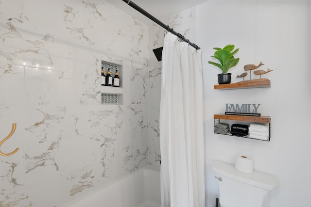 bathroom with toilet and shower / bathtub combination with curtain