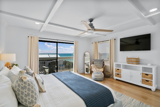 bedroom featuring recessed lighting, light wood-style flooring, coffered ceiling, and access to exterior