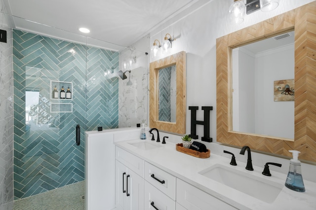 full bath featuring tiled shower, tile walls, and a sink