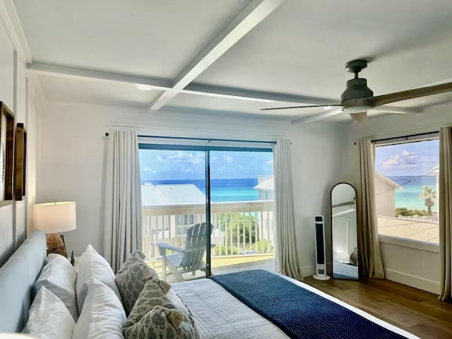 bedroom featuring wood finished floors, coffered ceiling, beam ceiling, ceiling fan, and access to exterior