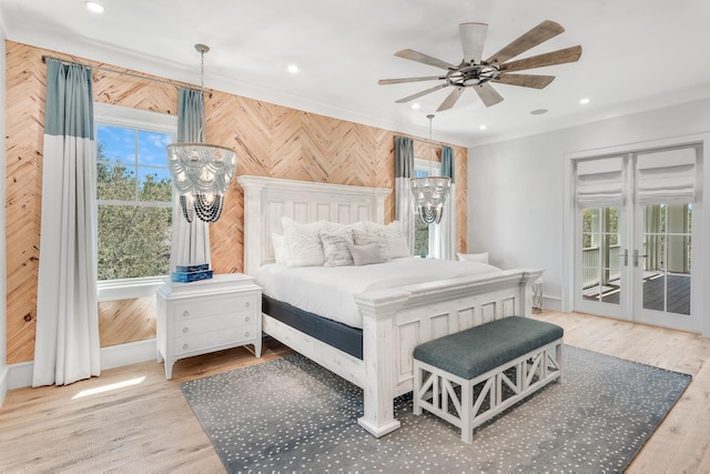 bedroom featuring access to outside, recessed lighting, wood finished floors, and ornamental molding