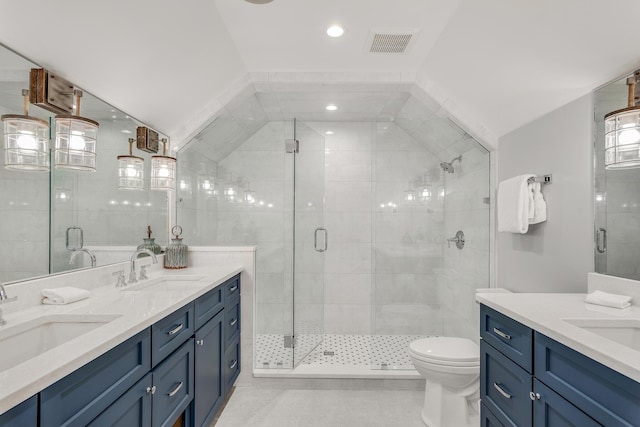 bathroom with a shower stall, visible vents, and a sink