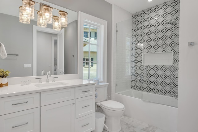 bathroom featuring vanity, shower / tub combination, toilet, and marble finish floor