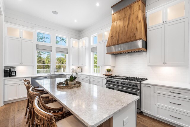 11 Dandelion Dr, Santa Rosa Beach, FL 32459 - kitchen with stainless steel appliances, custom range hood, a kitchen island, a sink, and a breakfast bar