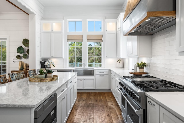 11 Dandelion Dr, Santa Rosa Beach, FL 32459 - kitchen with appliances with stainless steel finishes, a sink, range hood, decorative backsplash, and white cabinets