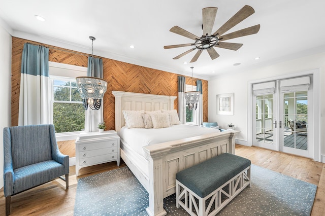 11 Dandelion Dr, Santa Rosa Beach, FL 32459 - bedroom featuring access to exterior, light wood-style flooring, a chandelier, recessed lighting, and a ceiling fan