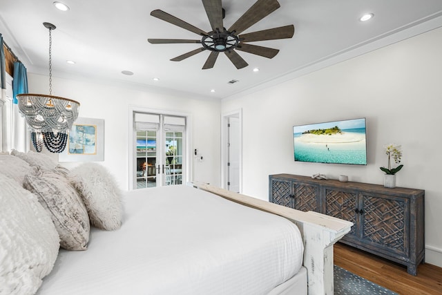 11 Dandelion Dr, Santa Rosa Beach, FL 32459 - bedroom featuring wood finished floors, access to outside, ornamental molding, ceiling fan, and recessed lighting