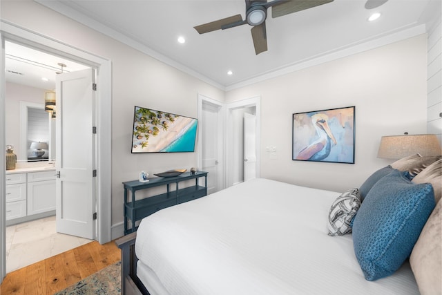 11 Dandelion Dr, Santa Rosa Beach, FL 32459 - bedroom with ornamental molding, recessed lighting, ensuite bath, light wood-type flooring, and a ceiling fan