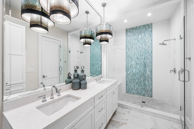11 Dandelion Dr, Santa Rosa Beach, FL 32459 - full bathroom featuring recessed lighting, a stall shower, marble look tiles, and double vanity
