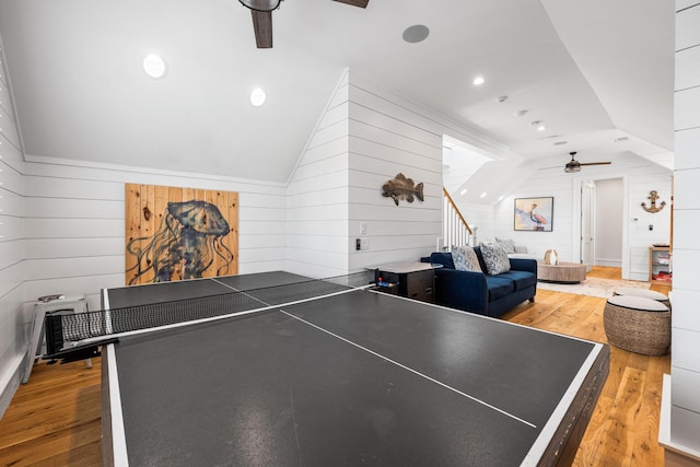 11 Dandelion Dr, Santa Rosa Beach, FL 32459 - recreation room featuring a ceiling fan, vaulted ceiling, wood finished floors, and wood walls