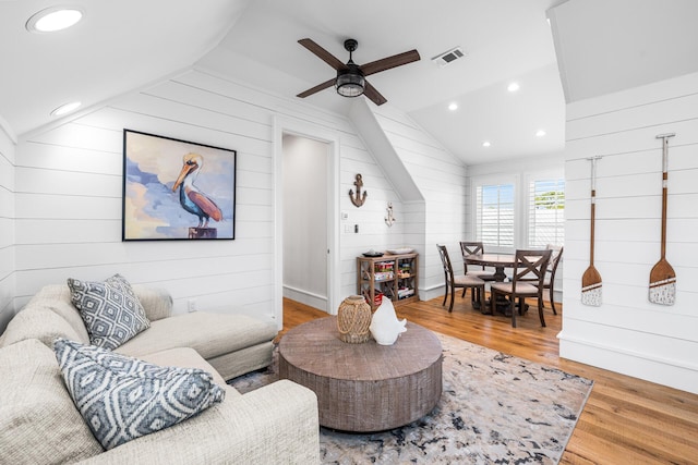 11 Dandelion Dr, Santa Rosa Beach, FL 32459 - living area featuring lofted ceiling, a ceiling fan, wood finished floors, wooden walls, and recessed lighting