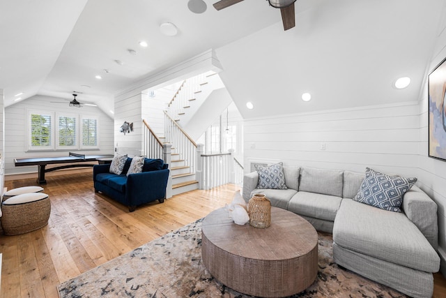 11 Dandelion Dr, Santa Rosa Beach, FL 32459 - living area featuring ceiling fan, lofted ceiling, hardwood / wood-style flooring, pool table, and stairs