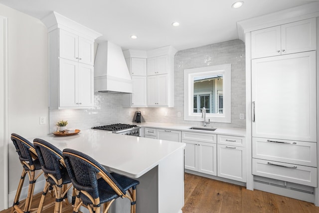 11 Dandelion Dr, Santa Rosa Beach, FL 32459 - kitchen with premium range hood, a sink, a kitchen bar, white cabinetry, and recessed lighting