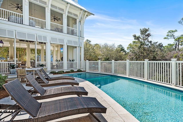 11 Dandelion Dr, Santa Rosa Beach, FL 32459 - view of pool featuring a ceiling fan, a patio area, and fence