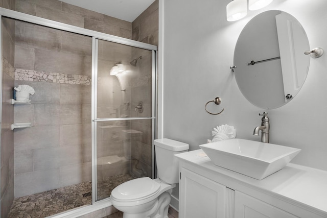 bathroom featuring vanity, toilet, and a shower stall