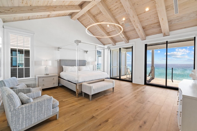 bedroom with wood ceiling, beam ceiling, light wood-style floors, high vaulted ceiling, and access to outside