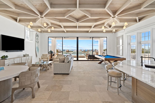 rec room with beam ceiling, wooden ceiling, coffered ceiling, and pool table