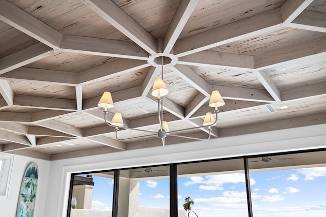 room details featuring beam ceiling and wood ceiling