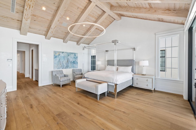 bedroom featuring wooden ceiling, baseboards, lofted ceiling with beams, and light wood-style floors