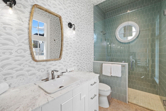 full bathroom with toilet, a stall shower, tile patterned flooring, and wallpapered walls