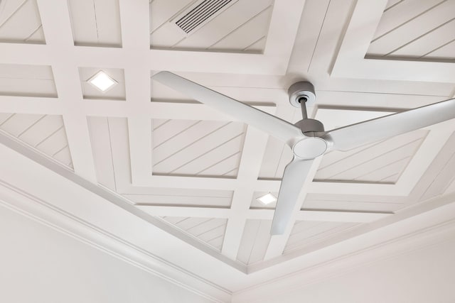 details with beam ceiling, visible vents, and coffered ceiling