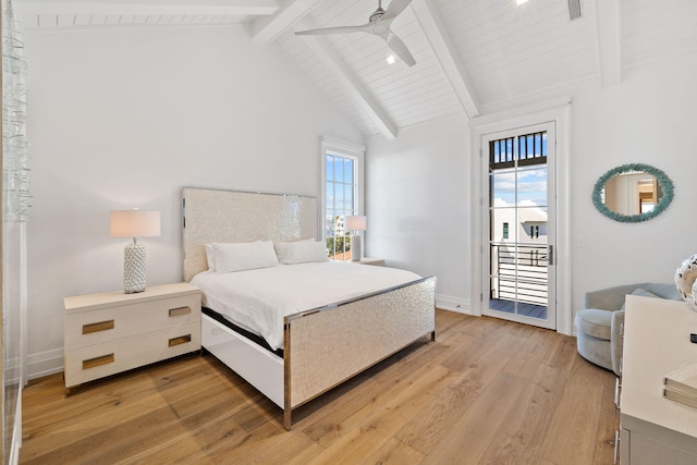 bedroom featuring light wood finished floors, vaulted ceiling with beams, ceiling fan, wooden ceiling, and access to outside