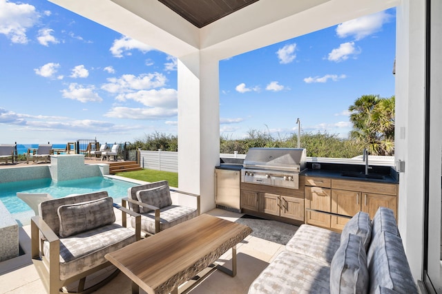 view of patio / terrace featuring area for grilling, an outdoor pool, a sink, outdoor lounge area, and a grill