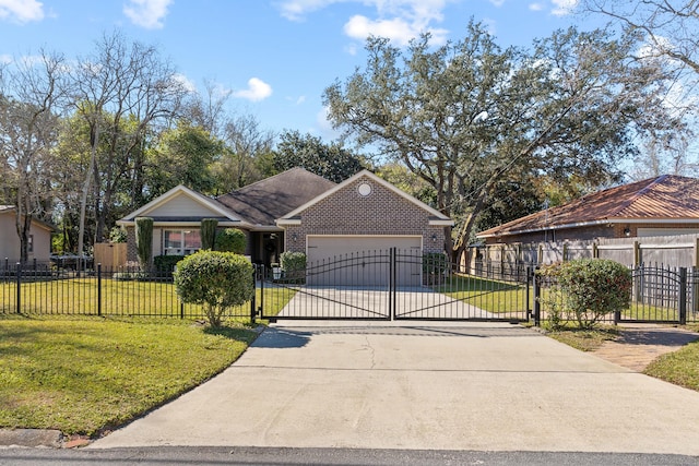 ranch-style house with brick siding, a fenced front yard, driveway, and a front lawn