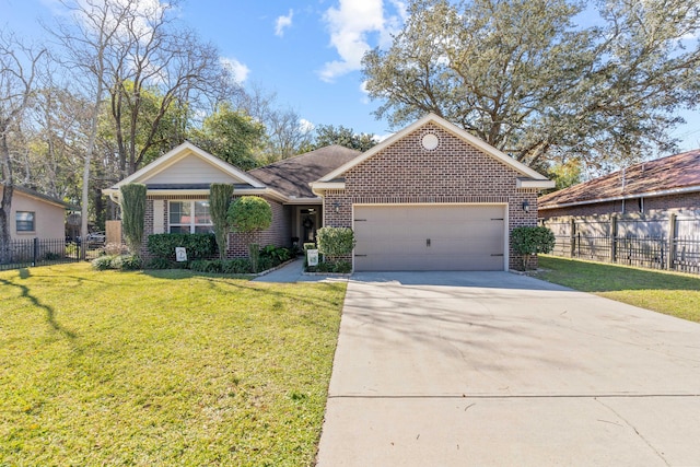 view of front of house with brick siding, an attached garage, and fence