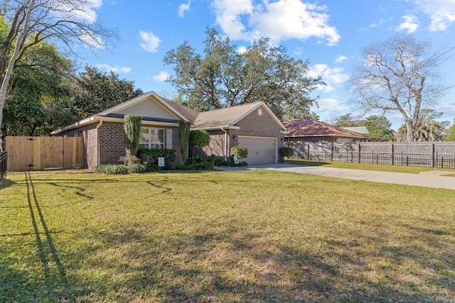 ranch-style home with a front lawn, brick siding, driveway, and fence