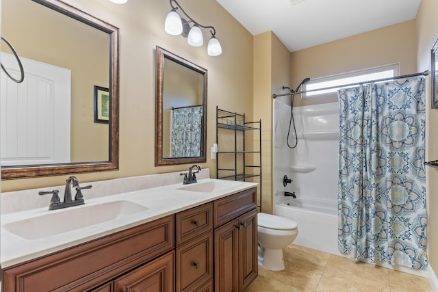 full bathroom with tile patterned flooring, double vanity, shower / bath combo, and a sink