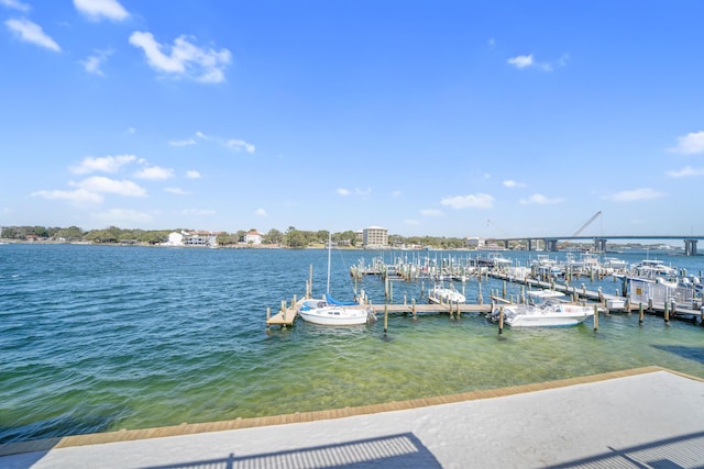 view of dock with a water view