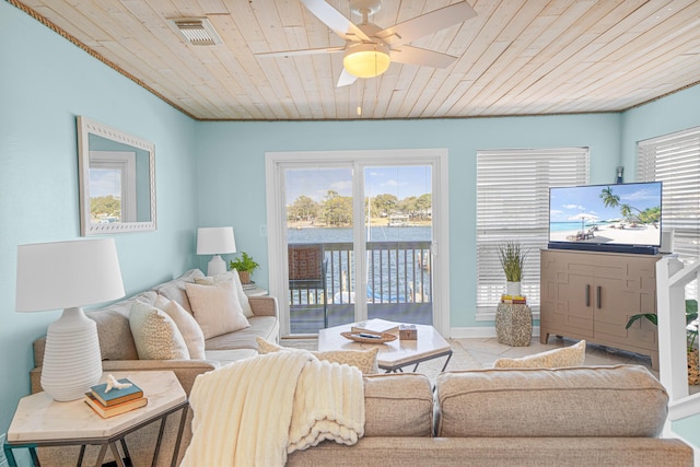 living room featuring tile patterned flooring, visible vents, wooden ceiling, and ceiling fan