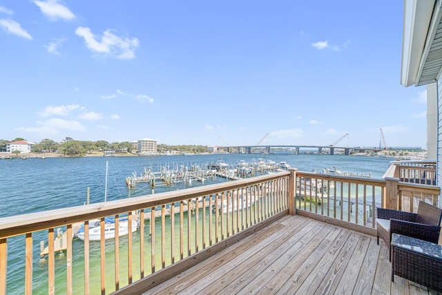 deck with a water view and a dock