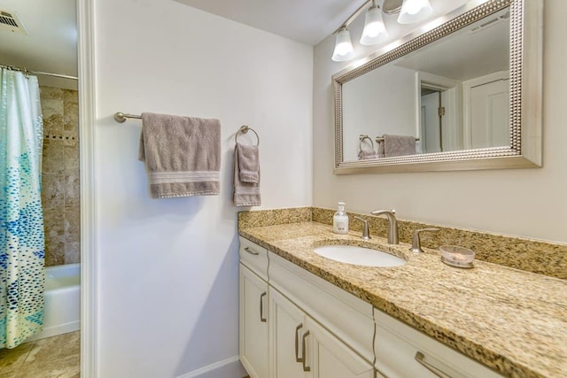 full bath with vanity, shower / bath combination with curtain, visible vents, and tile patterned floors