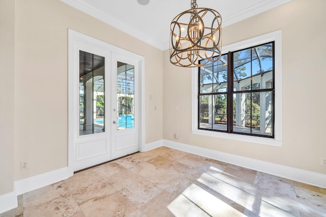 unfurnished dining area with a wealth of natural light, baseboards, and ornamental molding