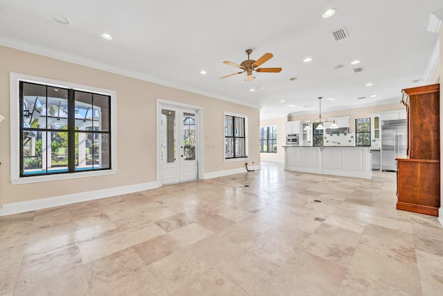 unfurnished living room featuring visible vents, baseboards, ornamental molding, recessed lighting, and a ceiling fan